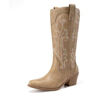Women's Tan Embroidered Western Cowgirl Pointed Toe Chunky Heel Mid Calf Boots